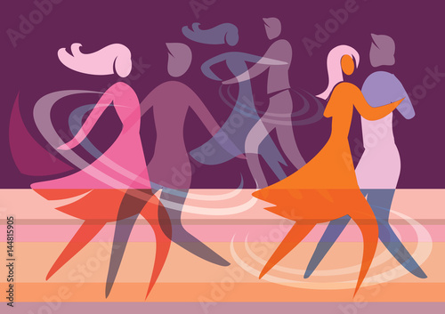Ballroom Dancing Couples. Colorful background with silhouettes of dancing couples. Vector available.