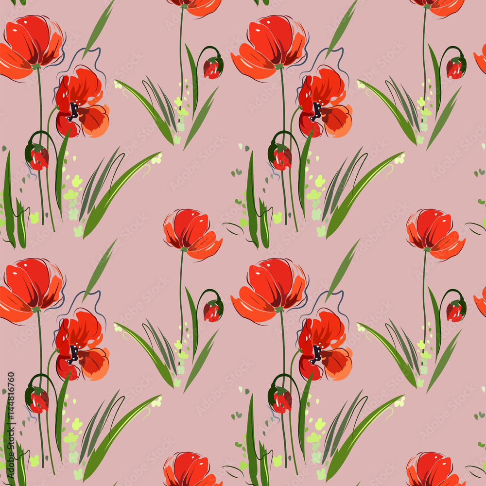 Seamless abstract pattern with red flowers, buds and leaves on a purple background.