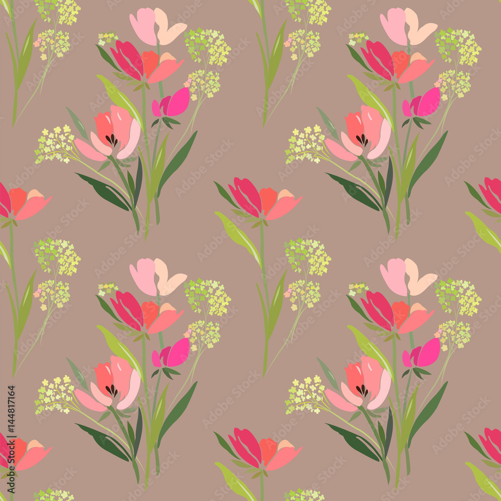 Seamless pattern with abstract tulips and mimosa on a background of coffee with milk.