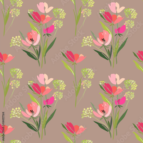 Seamless pattern with abstract tulips and mimosa on a background of coffee with milk. © Tetiana