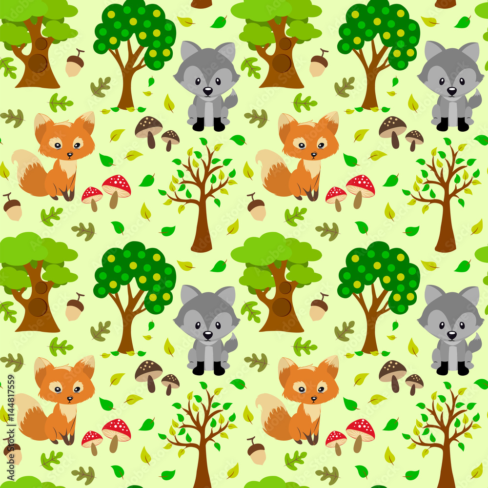 Naklejka premium Seamless pattern with fox, wolf, trees, leaves and mushrooms on a light green background.