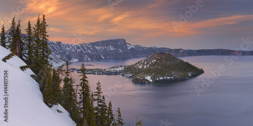 Wizard Island in Crater Lake in Oregon, USA at sunset