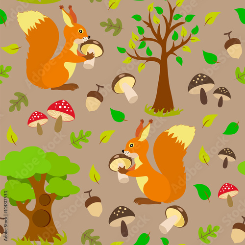  Seamless pattern with forest dwellers, mushrooms, trees and foliage on a light brown background.