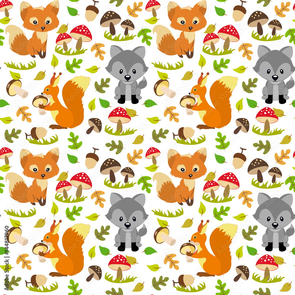 Fototapeta premium Fox, wolf, squirrel and mushrooms.