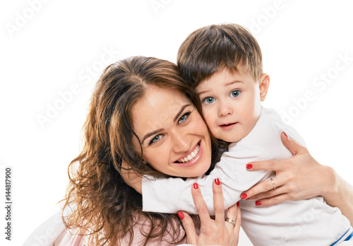 little Boy embracing happy mom