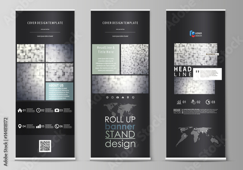 Roll up banner stands, flat design templates, modern business concept, corporate vertical vector flyers, flag layouts. Pattern made from squares, gray background in geometrical style. Simple texture.