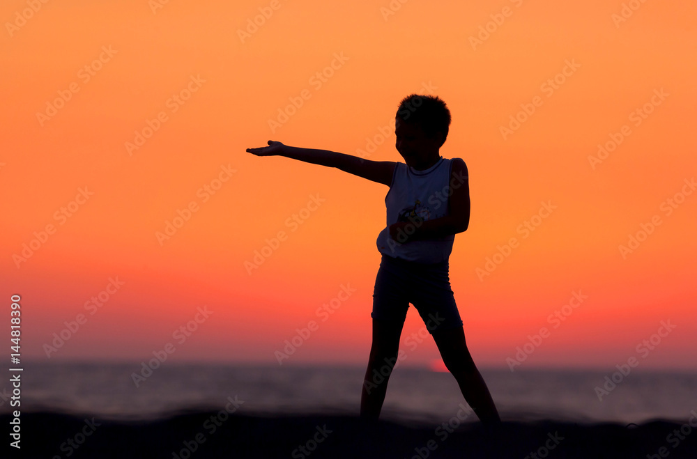 A Silhouette Of A Child Playing Near The Beach At Sunset