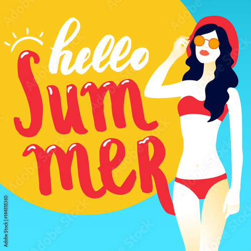 Hello summer lettering and Woman