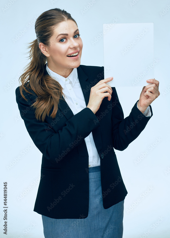 Business woman holding white banner isolated portrait on white background. Business woman holding white banner isolated portrait on white background.