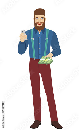 Hipster with cash money using mobile phone