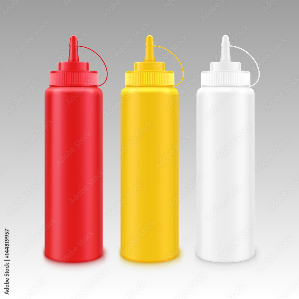 Vector Set of Blank Plastic White Red Yellow Mayonnaise Mustard Ketchup Bottle for Branding without label Isolated on Background Vector Set of Blank Plastic White Red Yellow Mayonnaise Mustard Ketchup Bottle for Branding without label Isolated on Background