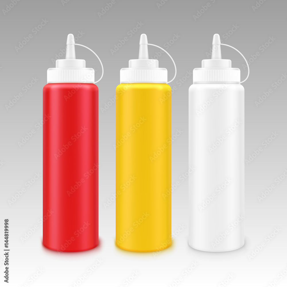Vector Set of Blank Plastic White Red Yellow Mayonnaise Mustard Ketchup Bottle for Branding without label Isolated on Background Vector Set of Blank Plastic White Red Yellow Mayonnaise Mustard Ketchup Bottle for Branding without label Isolated on Background