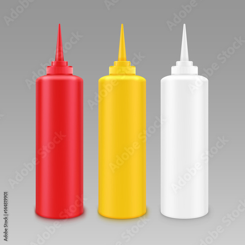 Vector Set of Blank Plastic White Red Yellow Mayonnaise Mustard Ketchup Bottle for Branding without label Isolated on Background © Zonda