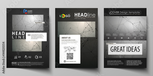 Business templates for brochure, magazine, flyer, booklet. Cover design template, flat layout in A4 size. Chemistry pattern, molecule structure on gray background. Science and technology concept.