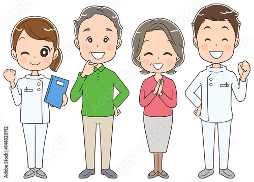 白衣の男女とシニアのイラスト
