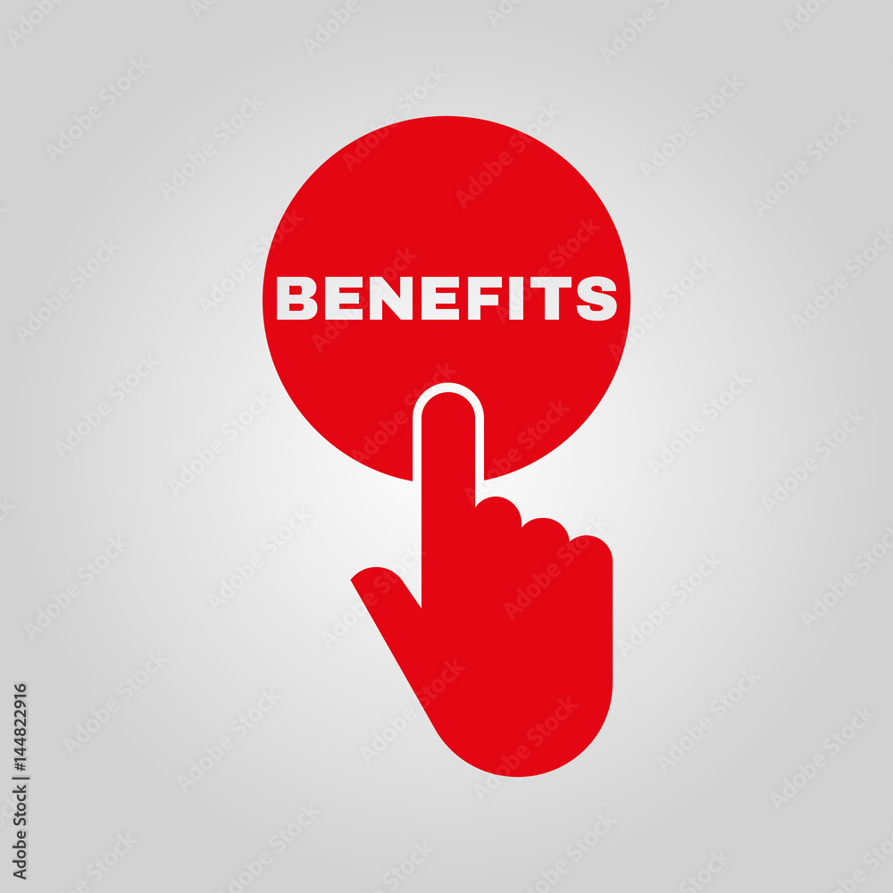 Hand pressing a button with the text BENEFITS icon. Profit, discount, bonus symbol. Flat design. Stock - Vector illustration Hand pressing a button with the text BENEFITS icon. Profit, discount, bonus symbol. Flat design. Stock - Vector illustration