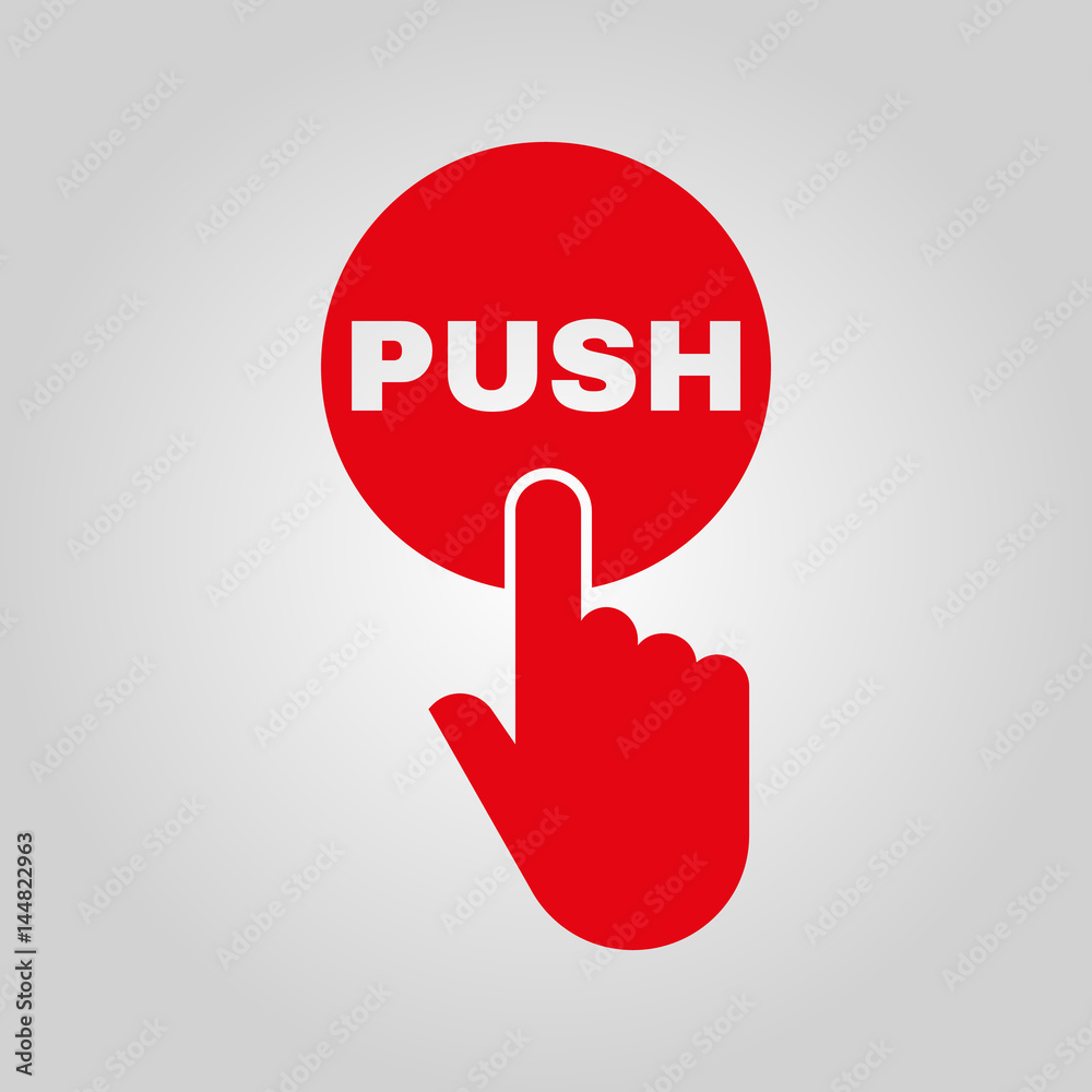 Hand pressing a button with the text PUSH icon. Tap, click, touch symbol. Flat design. Stock - Vector illustration Hand pressing a button with the text PUSH icon. Tap, click, touch symbol. Flat design. Stock - Vector illustration