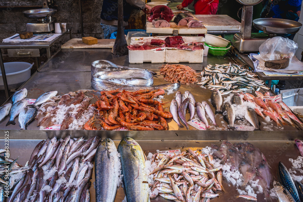 Market place stand with fishes and shrimps on the old part of Syracuse - Ortygia isle, Sicily, Italy