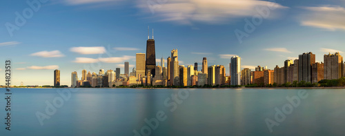 Chicago skyline at sunset viewed from North Avenue Beach
