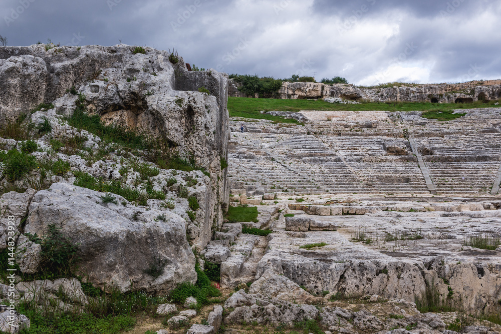 Ruins of Greek theater in Neapolis Archaeological Park in Syracuse, Sicily Island of Italy