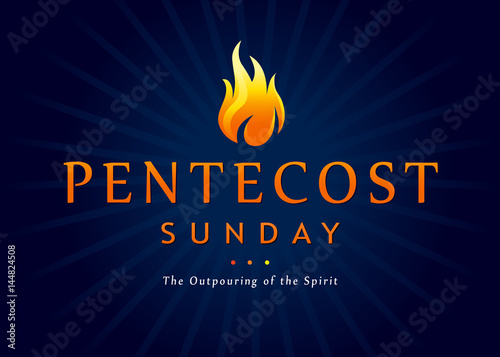 Pentecost Sunday fire banner. Invitation vector template the service of Pentecost in the form of text Pentecost Sunday and The Outpouring of the Spirit with a tongue of flame photo