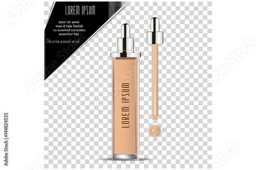 Liquid makeup foundation in bottle and face powder.  Spray bottle. Photo realistic Vector illustration. 