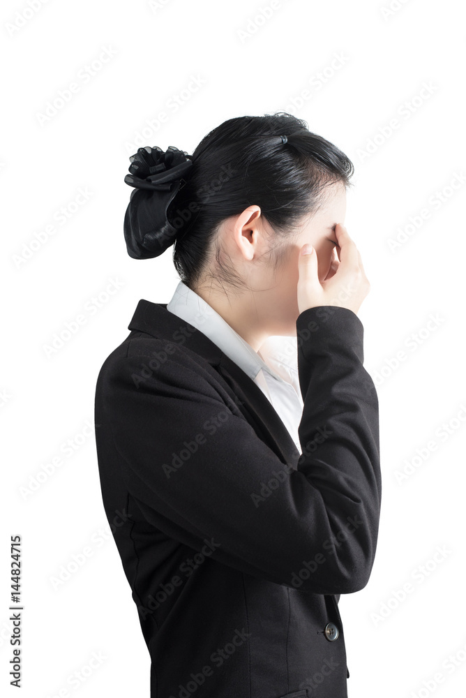 Eyes pain and eyes strain in a woman isolated on white background. Clipping path on white background. Eyes pain and eyes strain in a woman isolated on white background. Clipping path on white background.