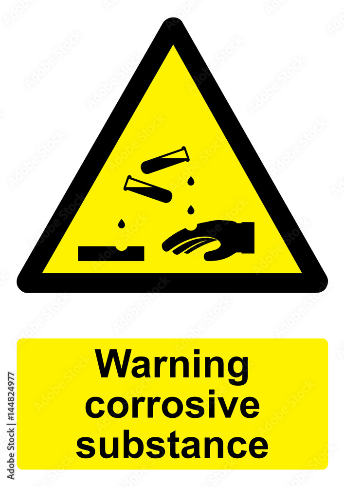 Black and Yellow Warning Sign isolated on a white background - Corrosive substance Black and Yellow Warning Sign isolated on a white background - Corrosive substance