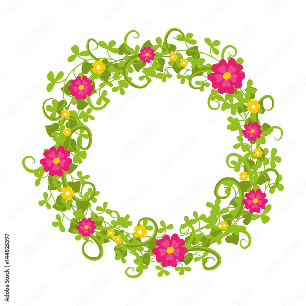 Floral circle isolated with grass swirls and red and yellow blooms isolated