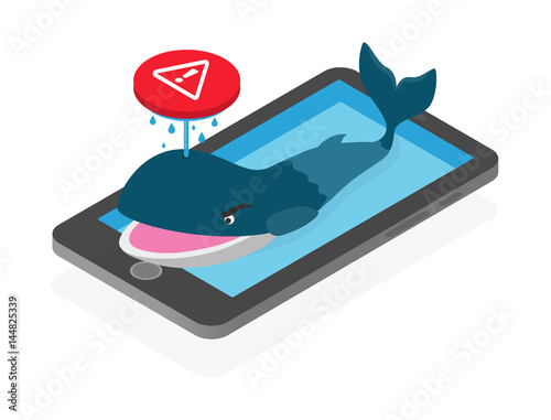 Blue whale, dangerous suicidal game on social media issue concept, isometric illustration