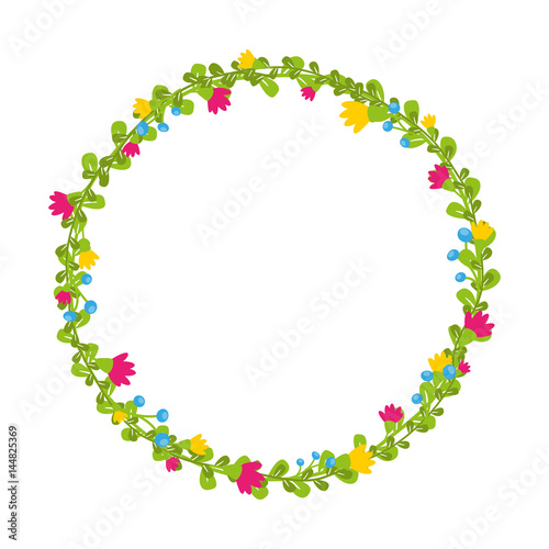 Cute thin spring floral wreath with berries and blooms isolated