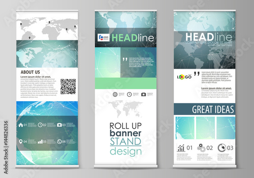 The minimalistic vector illustration of editable layout of roll up banner stands, vertical flyers, flags design business templates. Chemistry pattern, molecule structure, geometric design background.