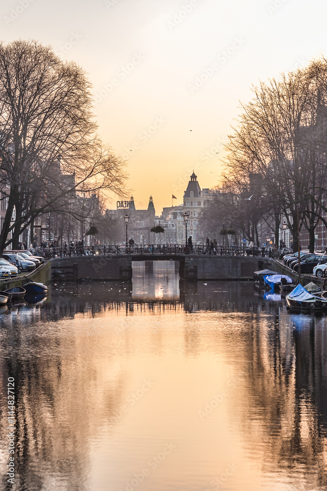 Amsterdam City, River, Ships, Sunset