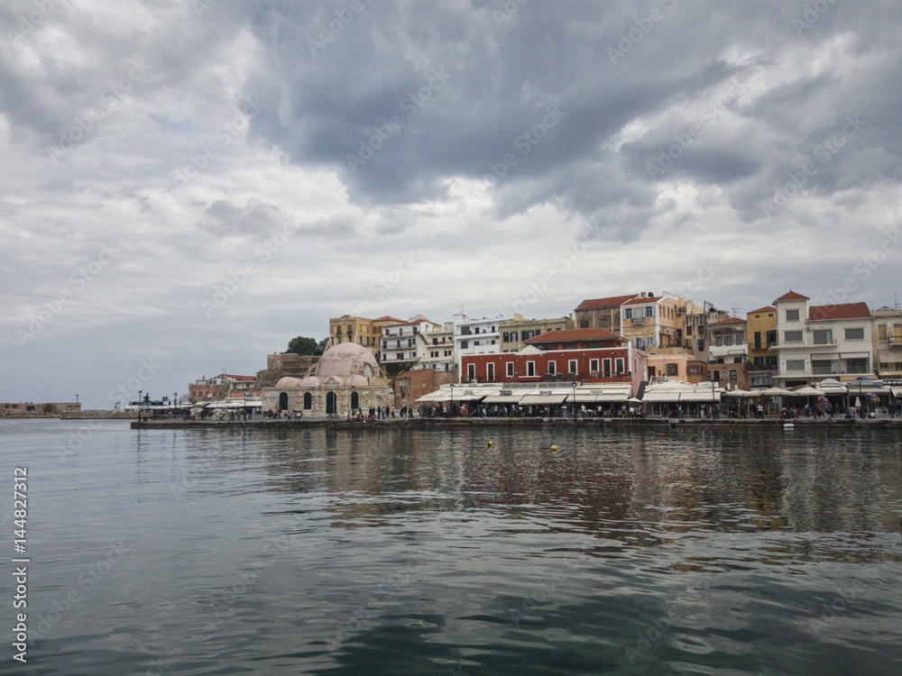 Chania Crete old Venetian port view with cloudy sky