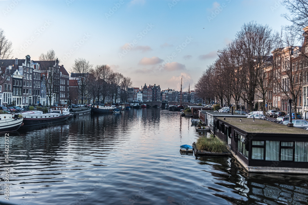 Fototapeta premium Amsterdam City, River, Ships, Sunset
