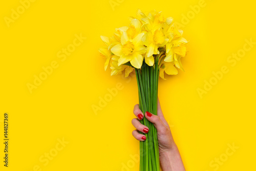 Fototapeta Naklejka Na Ścianę i Meble -  yellow narcissus, spring flower bouquet in female hand, holiday greeting