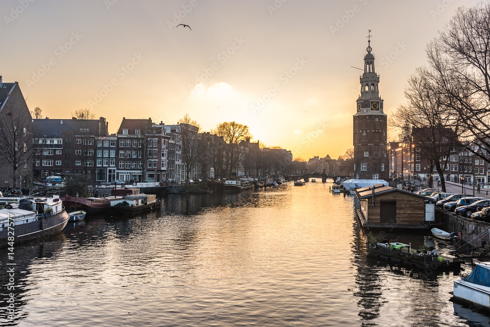 Amsterdam City, River, Ships, Sunset