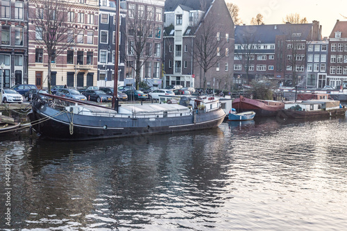 Amsterdam City, River, Ships, Sunset