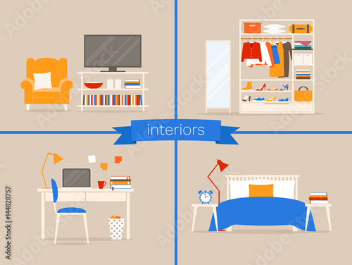 Vector set of interiors of living room, wardrobe, workplace, bedroom