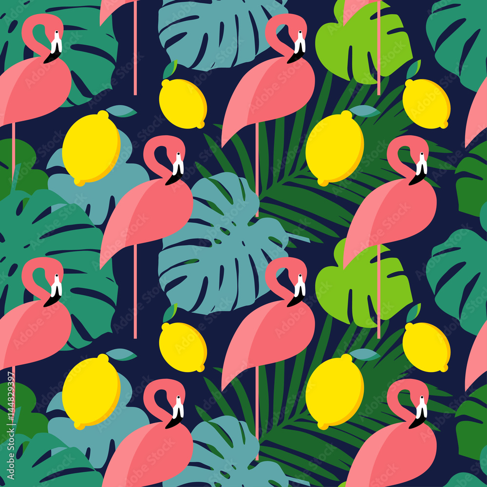 Obraz premium Seamless vector background with pink flamingos on a dark blue background.