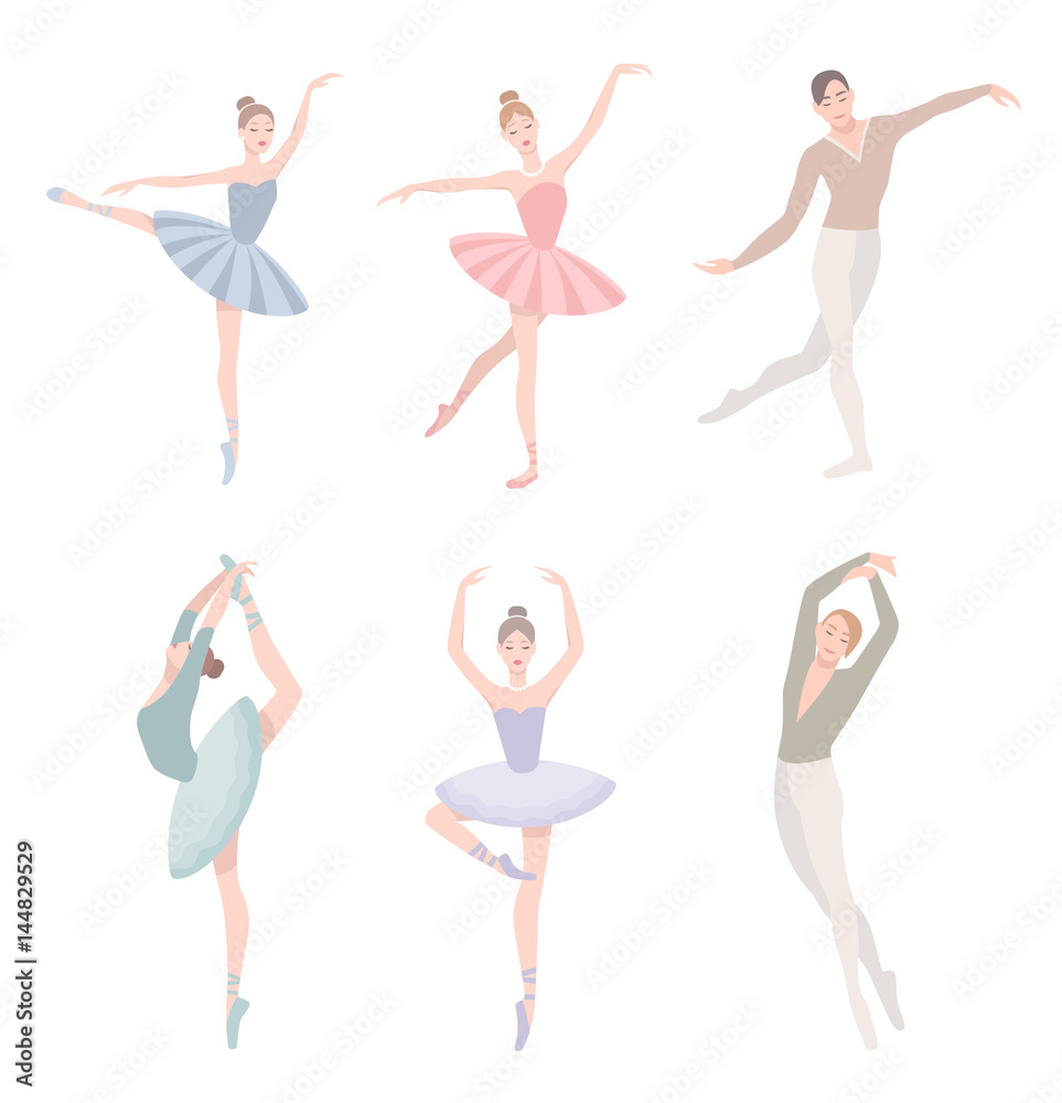 Set of ballet dancer. Vector illustration in flat style. Girl and guy in tutu dress, different choreographic position collection. Set of ballet dancer. Vector illustration in flat style. Girl and guy in tutu dress, different choreographic position collection.