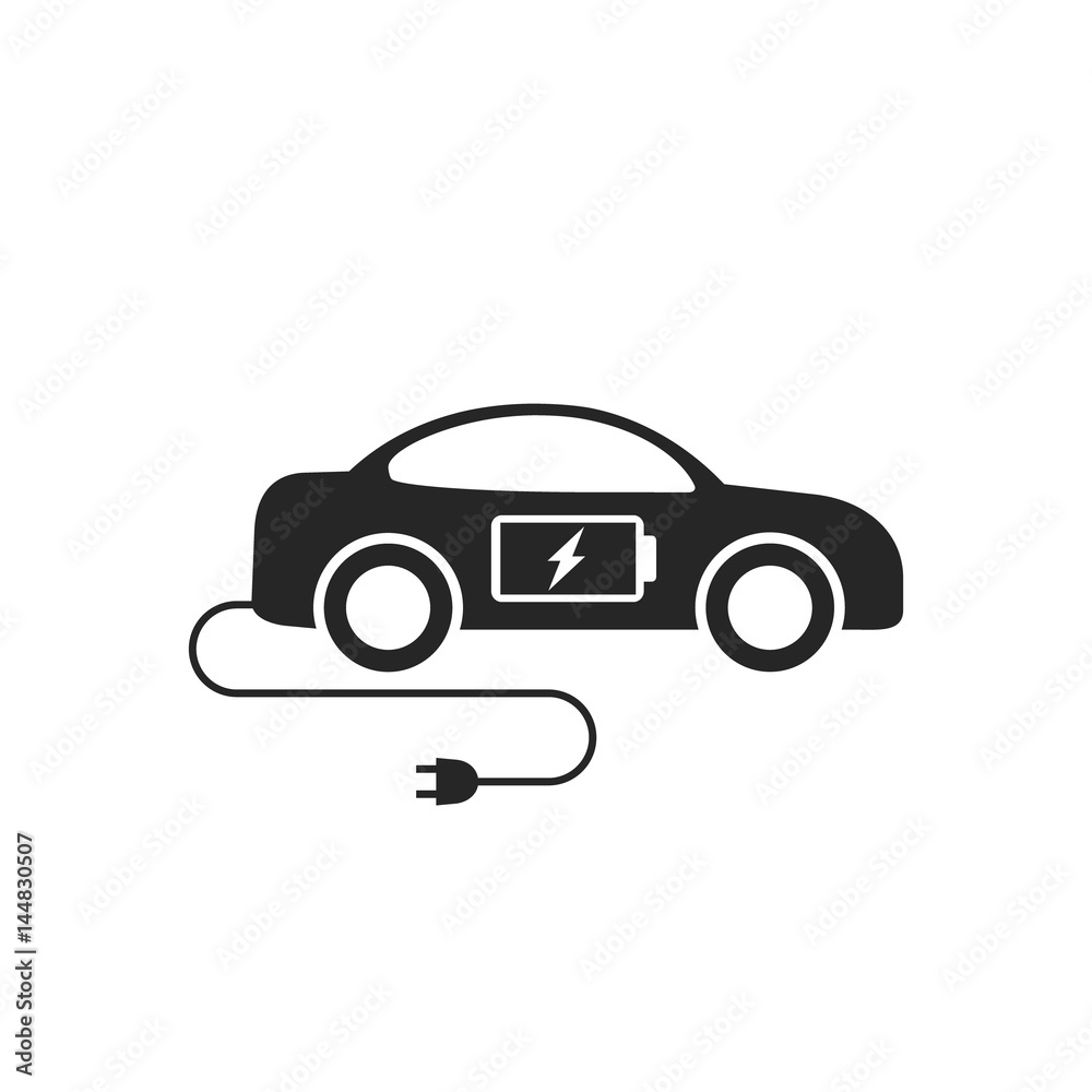 Electric car icon flat. Black eco car symbol on white. Vector illustration.