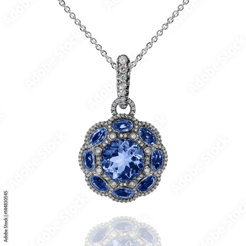 White gold pendant with blue sapphires and white diamonds