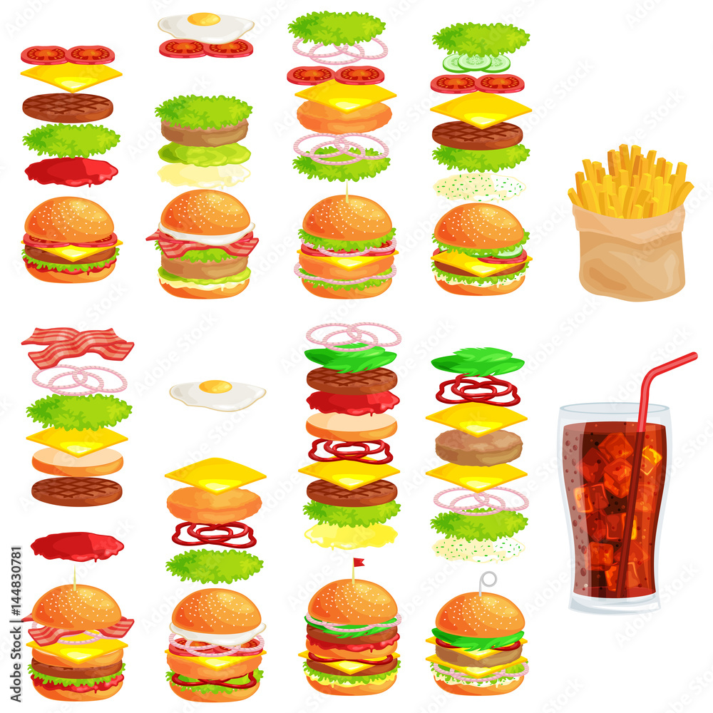 Set of tasty burgers grilled beef and fresh vegetables dressed with sauce bun for snack, american hamburger fast food meal French fries with cold soda brown ice drink vecor illustration background Set of tasty burgers grilled beef and fresh vegetables dressed with sauce bun for snack, american hamburger fast food meal French fries with cold soda brown ice drink vecor illustration background