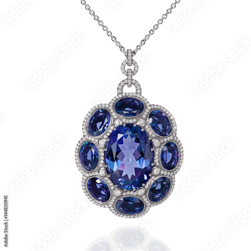 White gold pendant with blue sapphires and diamonds