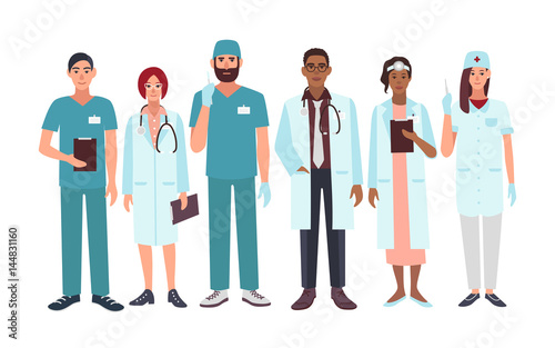 Set of doctors different specialization, nurse, surgeon, therapist, otorhinolaryngologist. Vector illustration characters in flat style. A group man and woman medical workers.