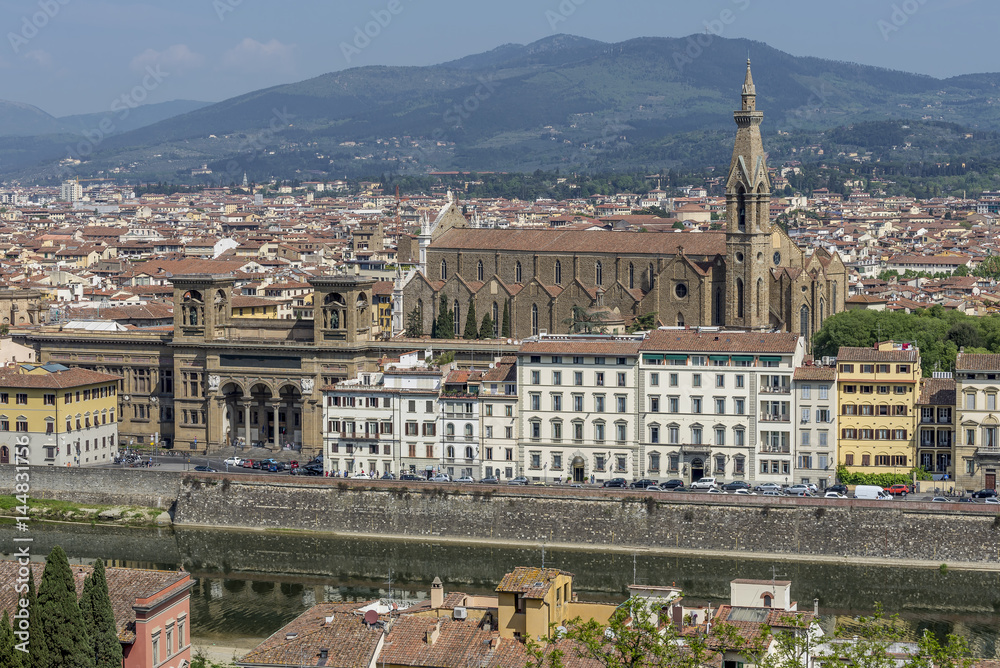 Beautiful aerial view of the Basilica of Santa Croce in the historic center of Florence, Italy, from Piazzale Michelangelo, on a sunny day