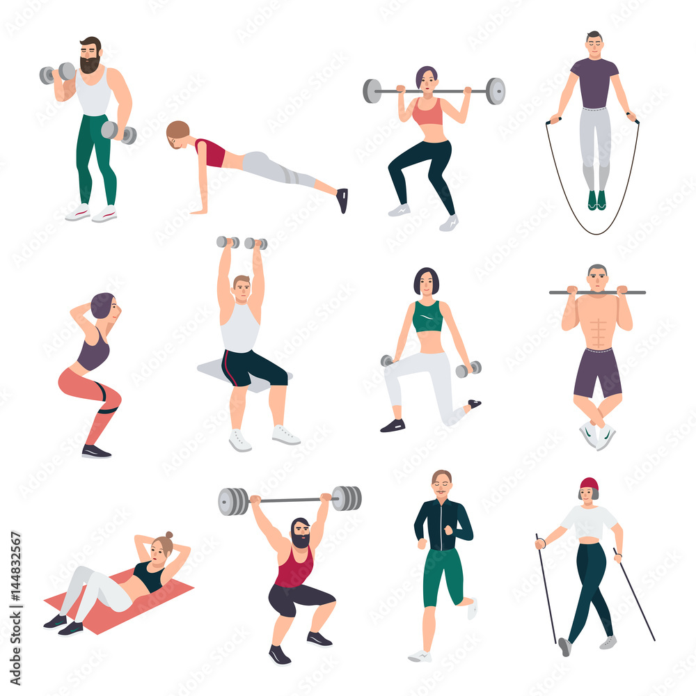 Gym people set. Young man and women engaged in sport. Different exercises collection in flat style. Vector illustration. Gym people set. Young man and women engaged in sport. Different exercises collection in flat style. Vector illustration.