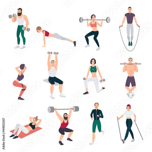 Gym people set. Young man and women engaged in sport. Different exercises collection in flat style. Vector illustration.