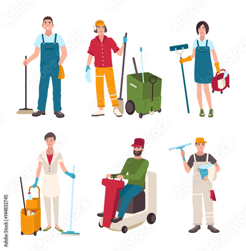 Different janitor set. People with cleaning equipment window washer, cleaner, sweeper the floor. Man on the washing machine, woman with a broom. Vector illustration in flat style.